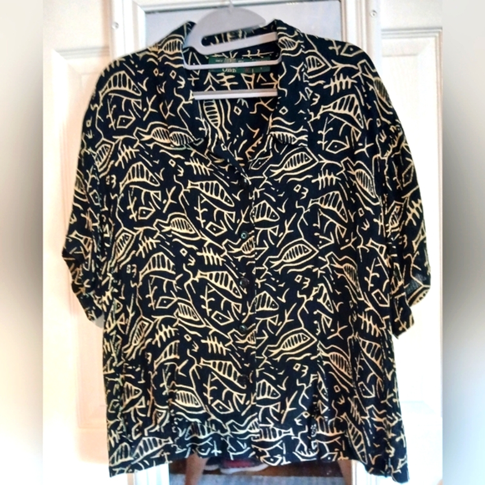 Orvis Vintage Black and Cream Abstract Blouse L